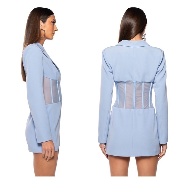 Akira Light Blue Corset Sheer Mesh Panel Blazer Mini Dress Plunge Neck Size XL - Picture 3 of 6